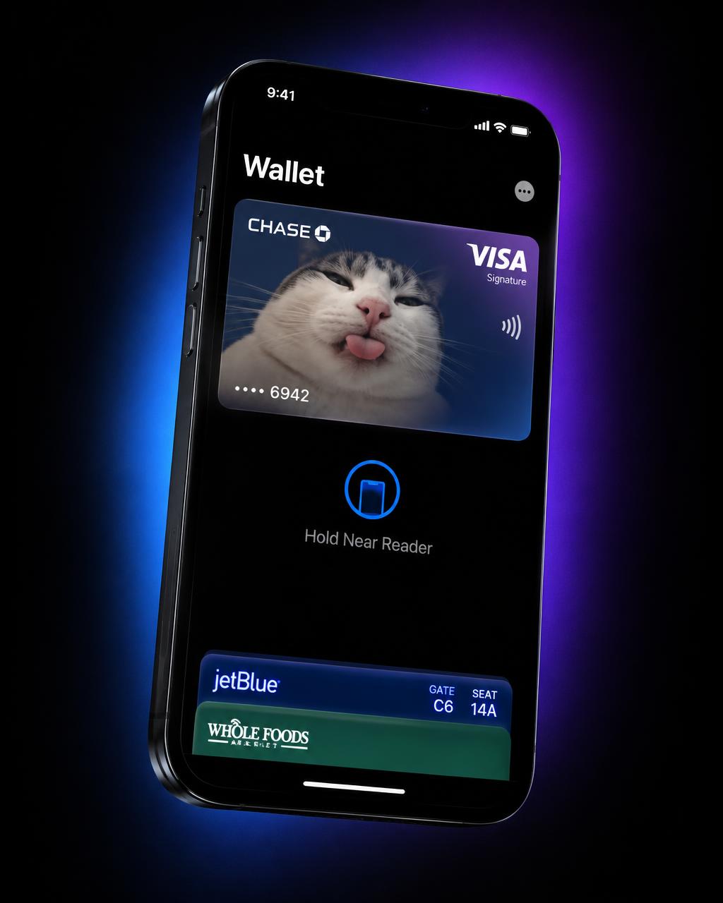 iPhone showing an Apple Wallet card with a custom photo